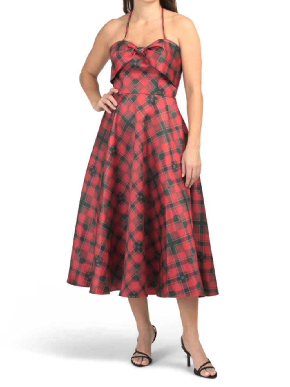 RENE BY RENE RUIZ Strapless Plaid Mikado Tea-length Dress With Bow Front